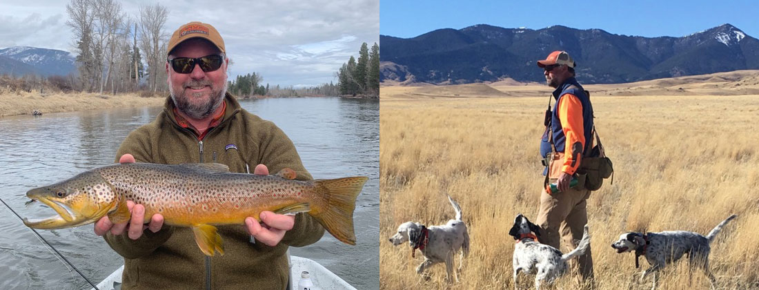 Brandon Boedecker on the Smith with a brown trout, and afield with his bird dogs