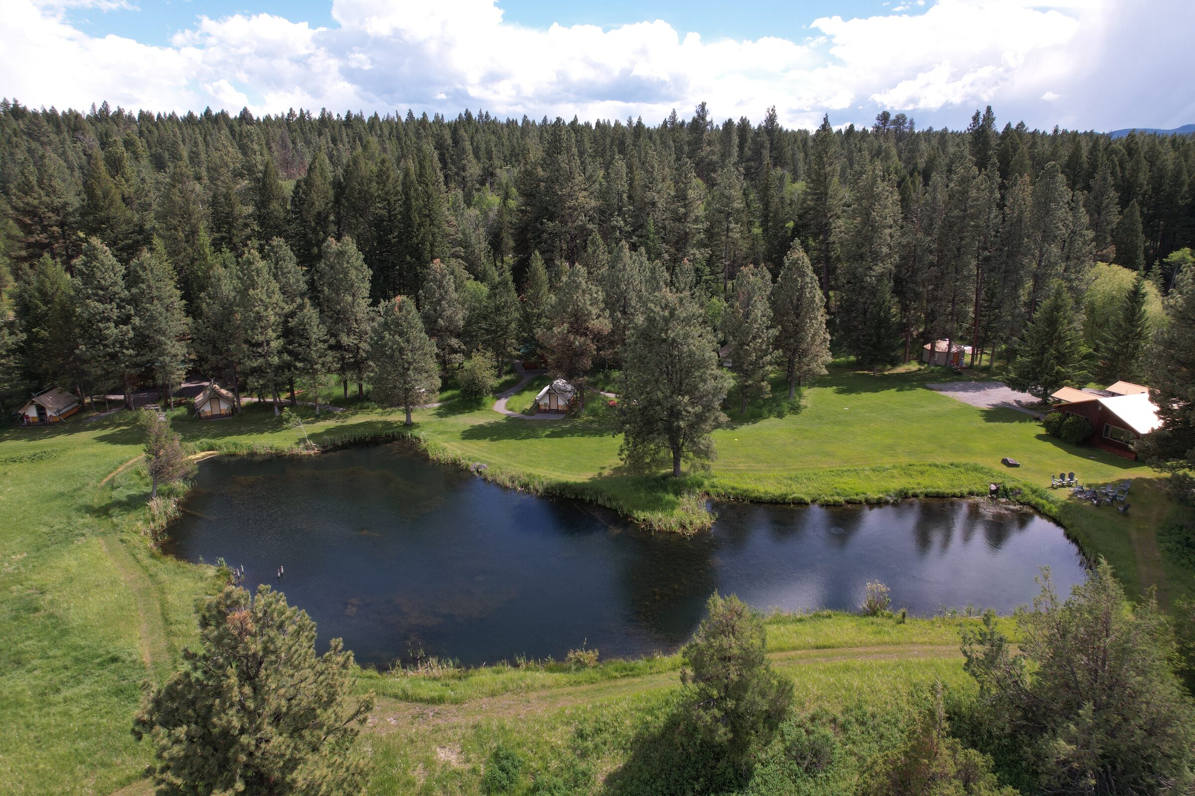 An artesian-fed pond in the pines, the tent cabins along its far bank